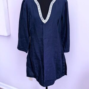 Elegant Navy linen Tunic with Silver Beading Trim